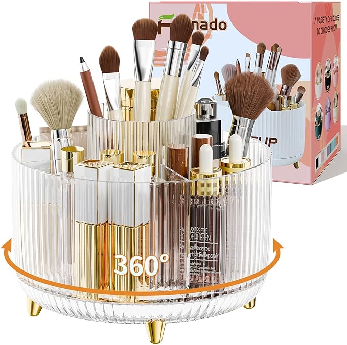 360Â° Rotate Makeup Brush Holder Organizer, Makeup Organizers Countertop, Makeup organization and Skincare Storage for Vanity, Desktop, Bathroom (Clear)