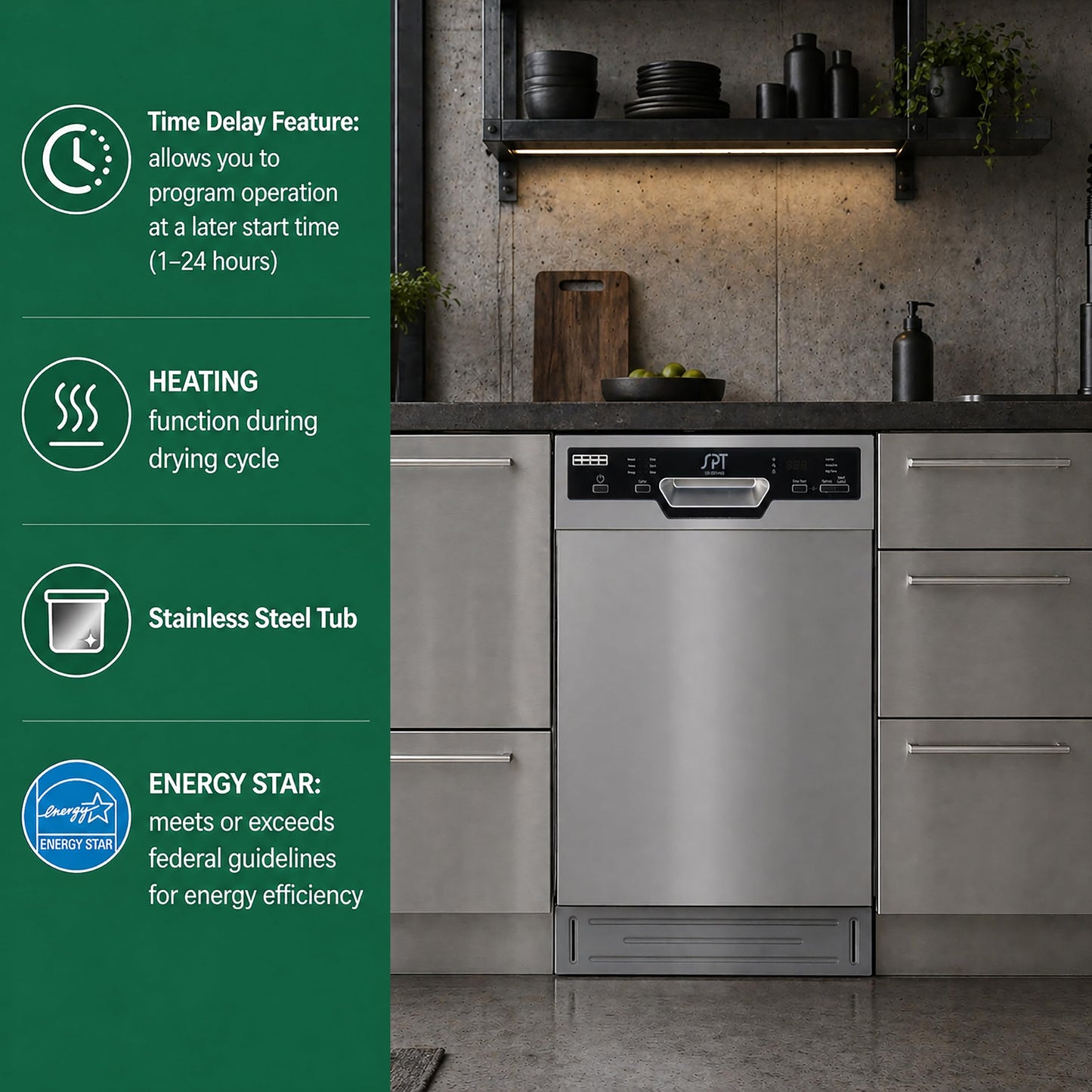 SPT SD-9254SSB 18″ Wide Built-In Stainless Steel Dishwasher w/Heated Drying, ENERGY STAR, 6 Wash Programs, 8 Place Settings and Stainless Steel Tub