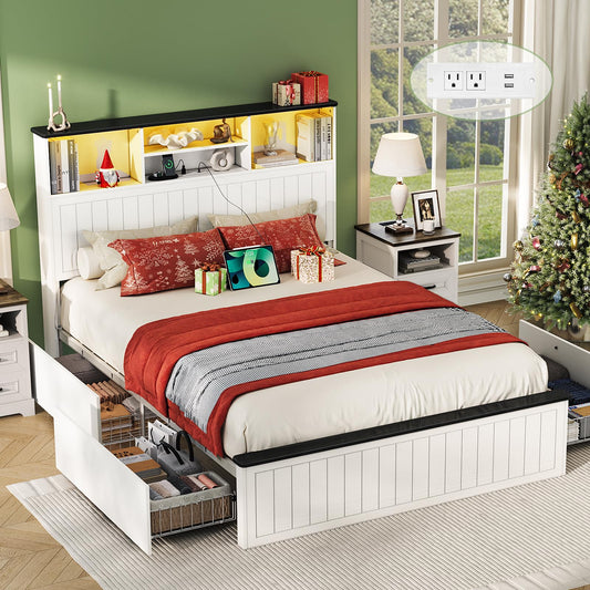 Yoobure Queen Bed Frame with Headboard - Farmhouse Wood Bed Frames Queen Size with 4 Storage Drawers, Platform Beds with Charging Station & LED Light, No Noise Double Bedframe, No Box Spring Needed