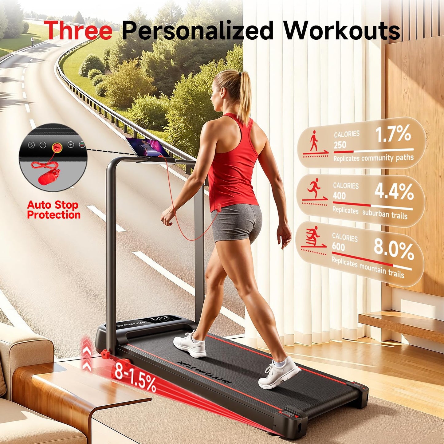 RHYTHM FUN Treadmill with Incline, Walking Pad with Handle Bar,300lbs Walking Pad with APP, Portable Folding Walking Treadmills for Home/Office with Low Noise