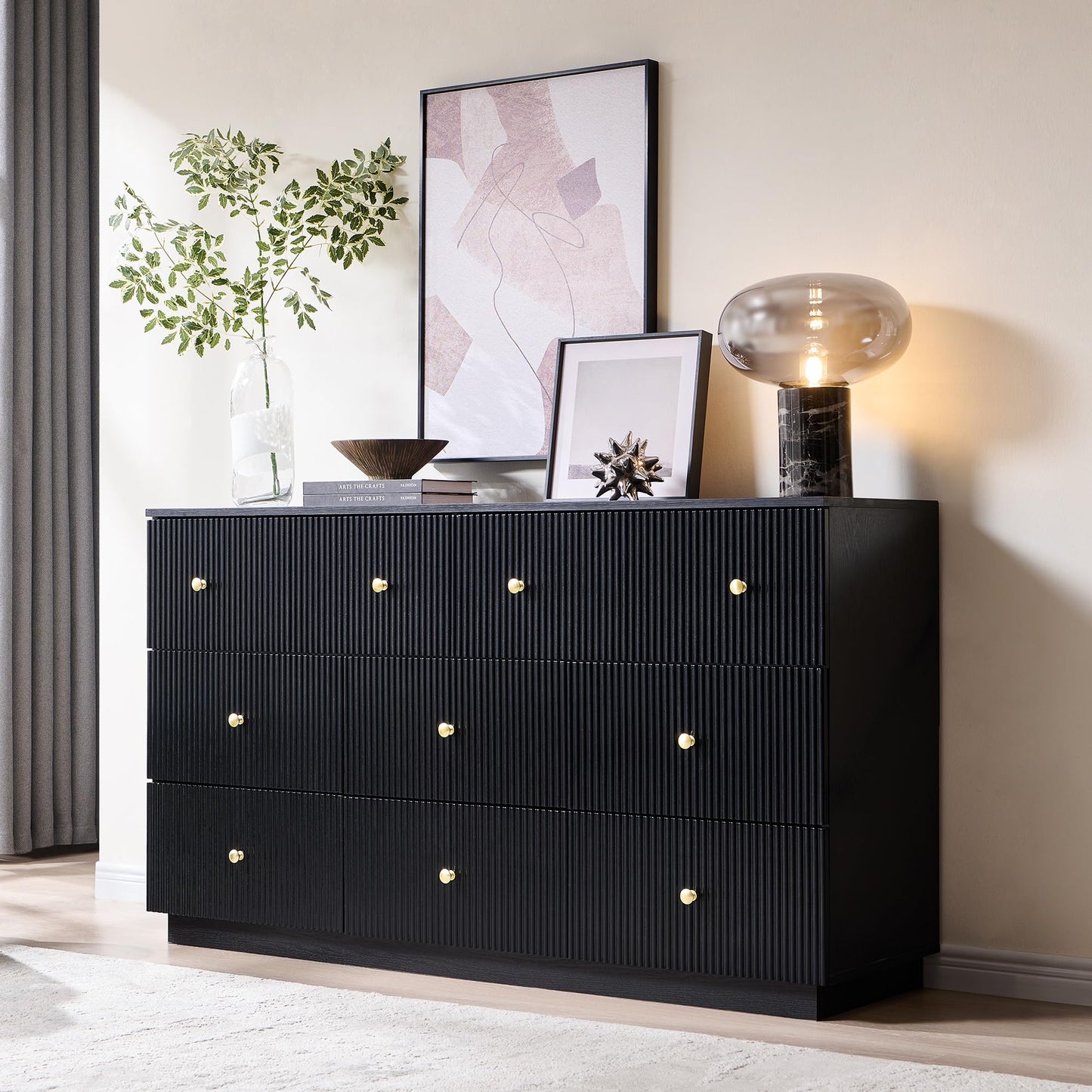 wow97e Fluted Dresser for bedroom, 55"W Black 8 Drawer Dressers, Wood Tall Dresser Storage Organizer, Modern Bedroom Chest of Drawers with Deep Storage for Closet Hallway, Entryway, Living Room Black