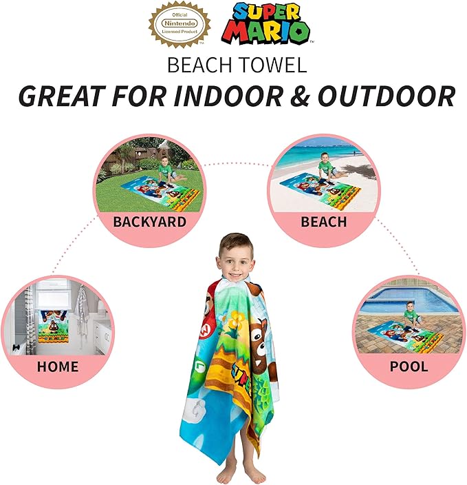 Franco Super Mario "Official Nintendo" Kids Super Soft Cotton Bath/Pool/Beach Towel, 58 in x 28 in