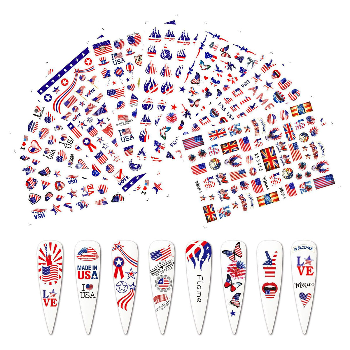 Flag Nail Stickers Independence Day Nail Sticker July 4, August 7 Patriotic Designer Nail Art Decals 3D Self-Adhesive American Flag Stickers for Women Girls Manicure 400+ Patterns