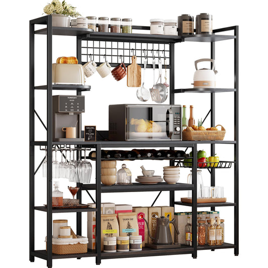 IRONCK Large Bakers Rack with Power Outlet, 62 Inch Wide Microwave Stand, Coffee Bar with Storage, Kitchen Racks and Shelves, Vintage Black