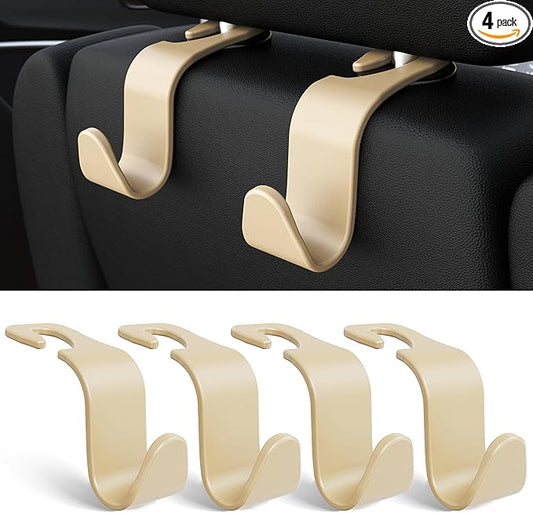 Amooca 4-Pack Car Headrest Hooks Vehicle Storage Organizer for Purses Handbags Groceries Coats Ã¢ÂÂHolds 55lbs 360ÃÂ° Rotating Simple Design Beige