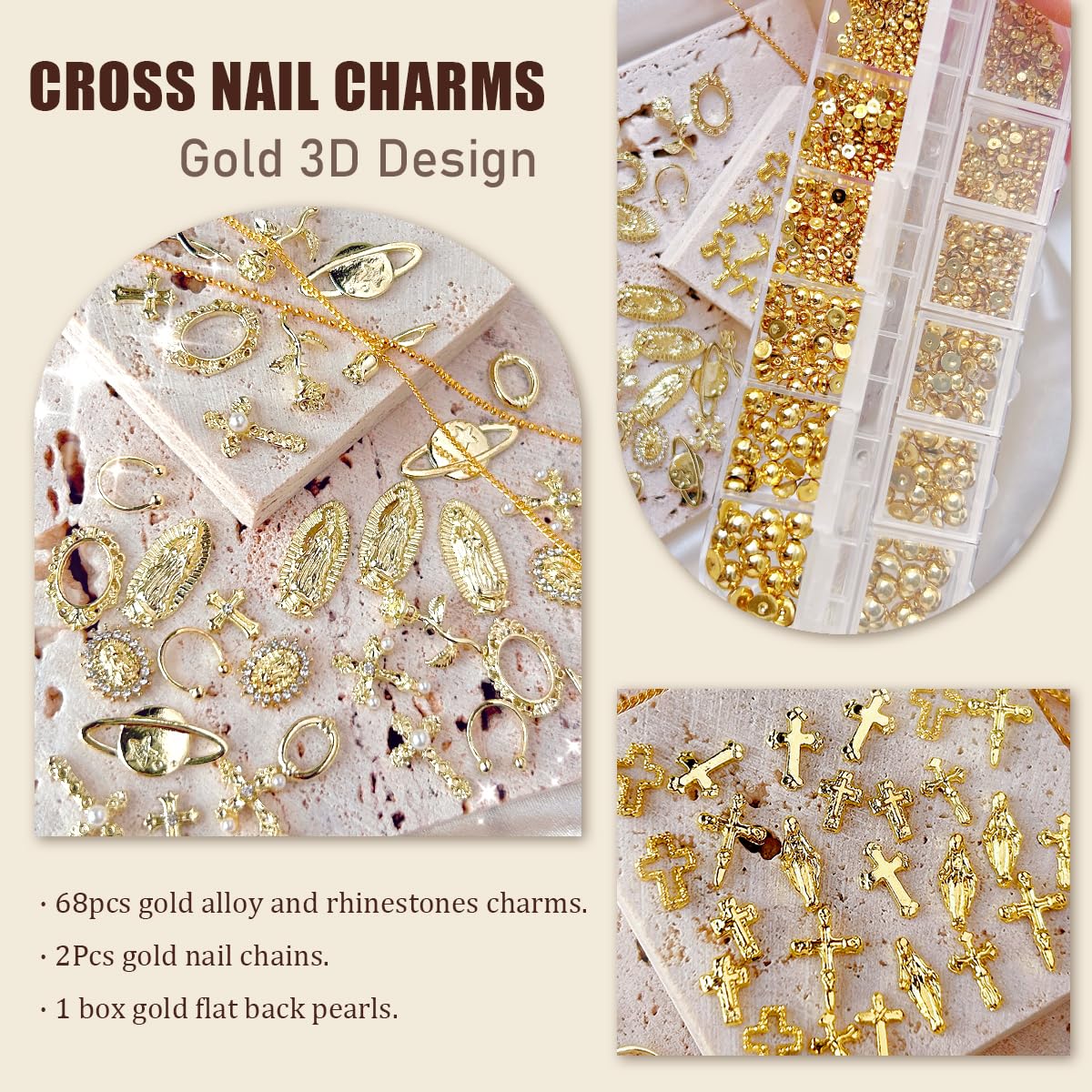 3D Cross Nail Charms,Gold Flat Back Nail Pearls Beads for Crafting,Cute Nail Charms Y2k Rhinestones Jewelry for Nail Art Flower Virgin Mary Religious Charms Gems Bulk Nail Chains (Gold)