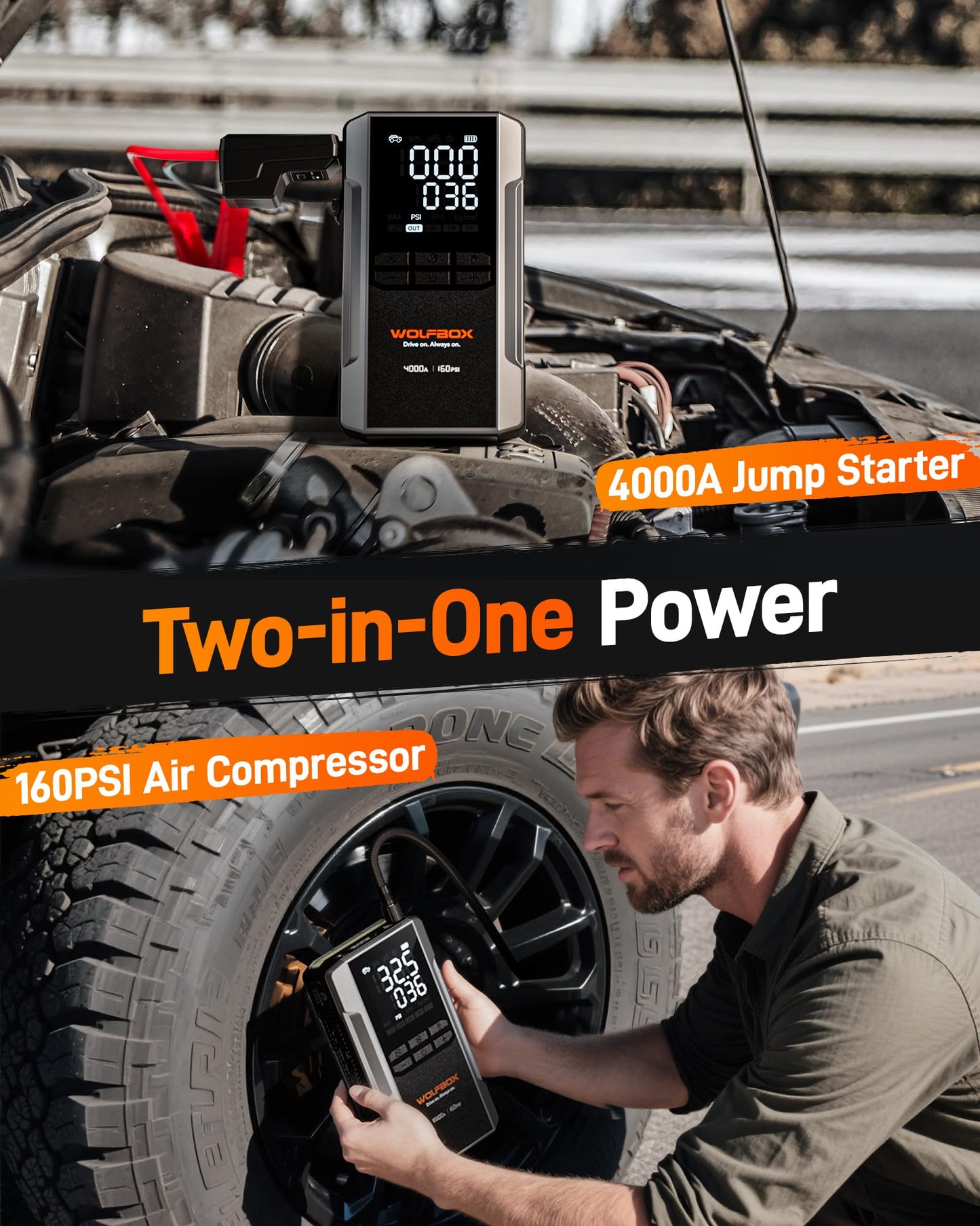 WOLFBOX 4000A Jump Starter with 160PSI Air Compressor, 12V Car Battery Booster;and MF100 Electric Air Duster-150000RPM Super Power Cordless Air Duster, Rechargeable Brushless Motor Durable Blower