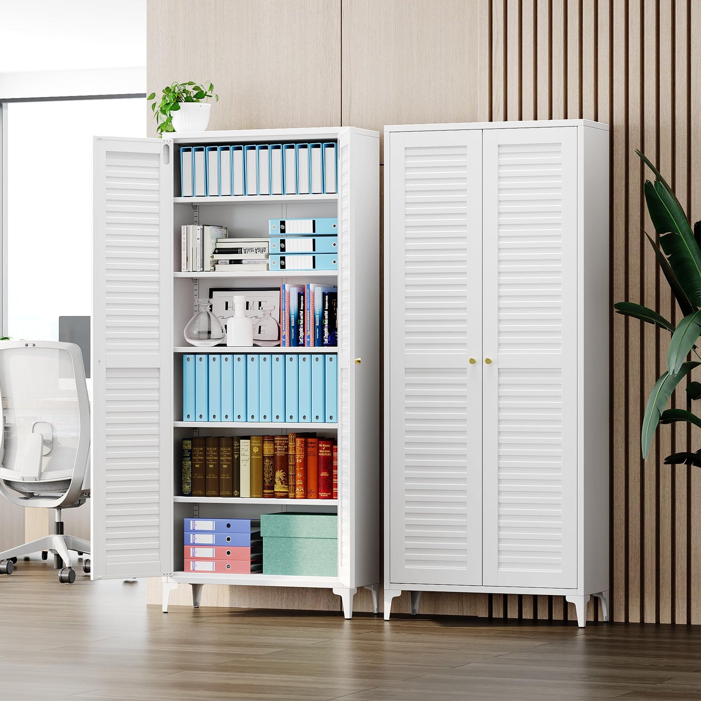 GangMei Metal Kitchen Pantry Cabinet with 2 Doors,Metal Pantry Cabinet with 5 Adjustable Shelves for Kitchen,Home,74.2" H × 31.5" W × 15.75" D,Required Assembly, White