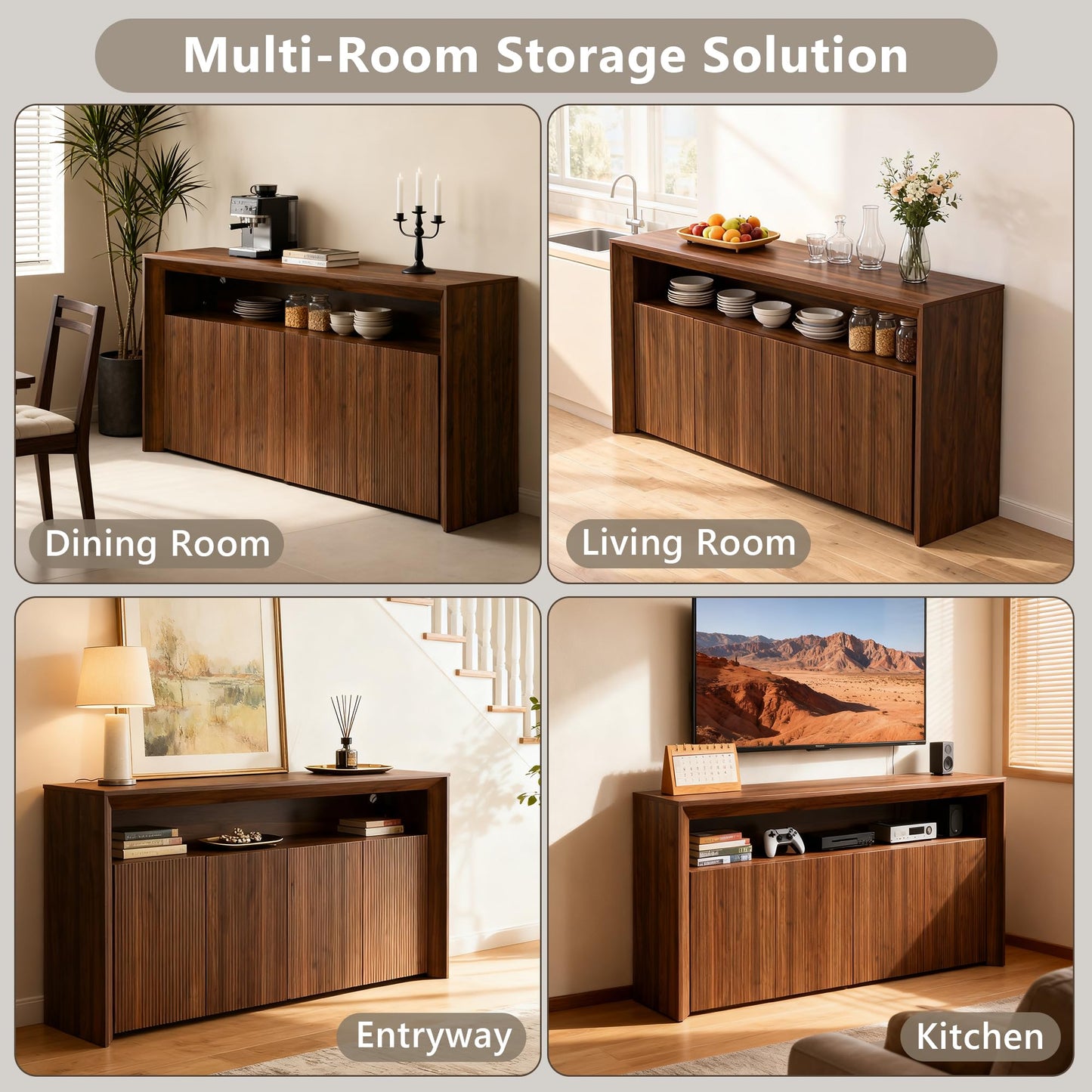 Feonase 66.2" Buffet Cabinet with Storage & Led Lights, Modern Sideboard Cabinet with 4 Doors & Shelves, Fluted Media Console Mid Century, Coffee Bar Table for Living Room Kitchen Dining Room, Walnut