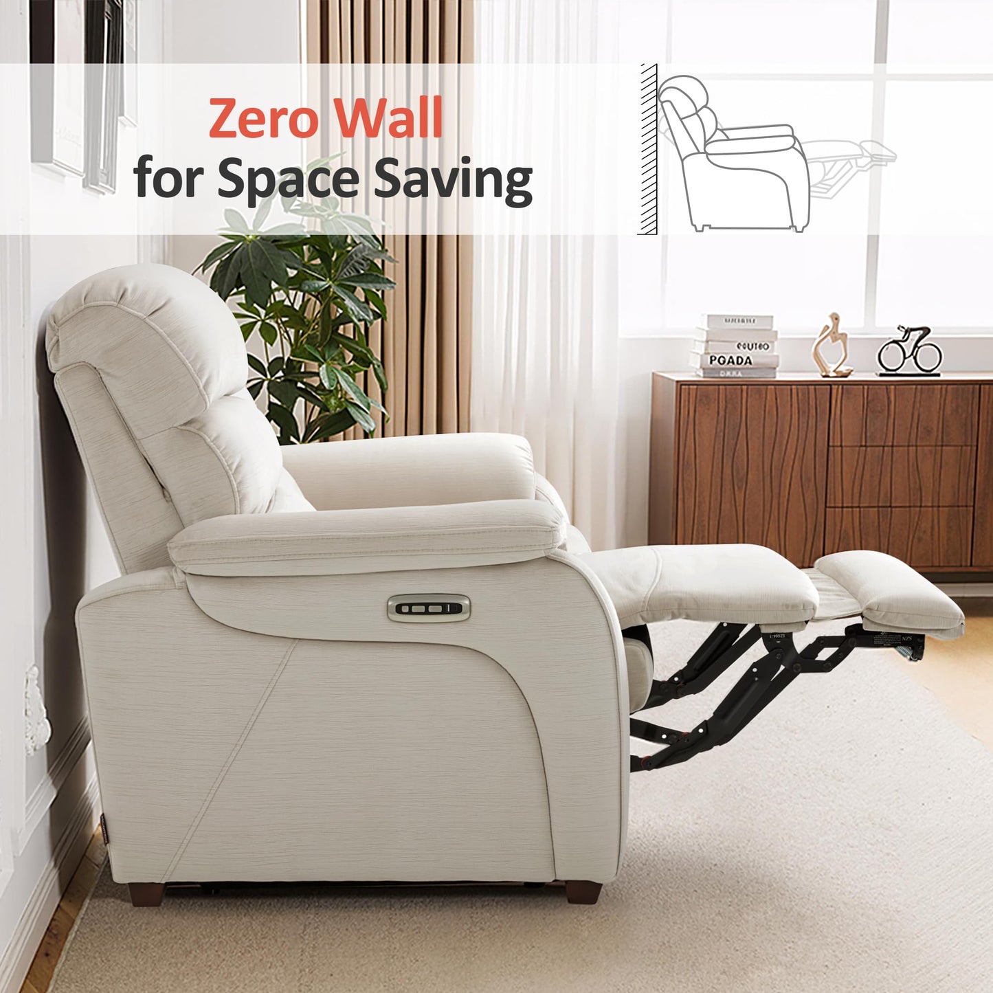 MCombo Power Zero Wall Hugger Recliner Chair for Small Space RV Living Room, Power Recliner with Adjustable Headrest, USB & USB-C Charging Ports, Fabric ST257 (Beige)