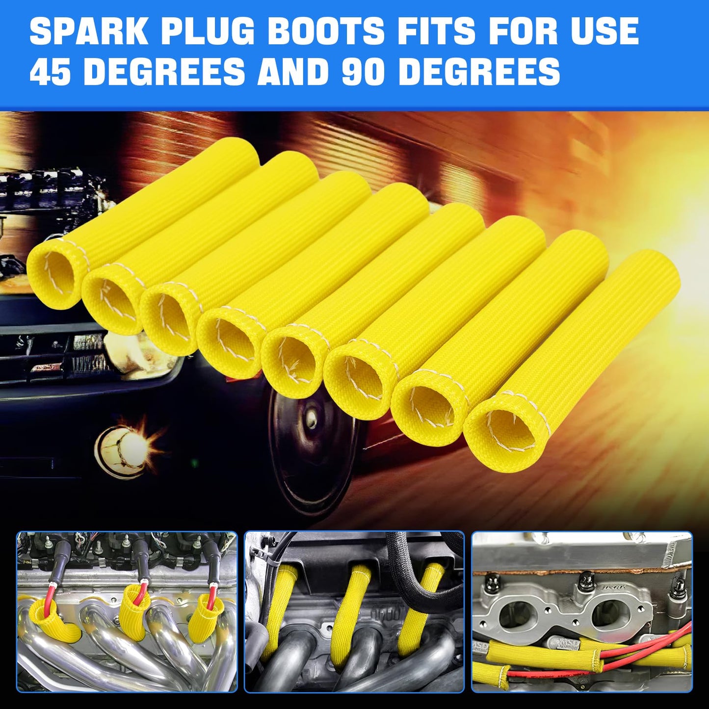 SHINEHOME 2500° Spark Plug Heat Shield Sleeve for 8PCS Spark Plug Wire Boots Ls1/Ls2 Sbc Bbc 350 454 Spark Plug Wire Heat Sleeve (Yellow)