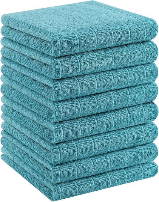 Homaxy 100% Cotton Terry Kitchen Towels(Lake Blue, 13 x 28 inches), Checkered Designed, Soft and Super Absorbent Dish Towels, 8 Pack