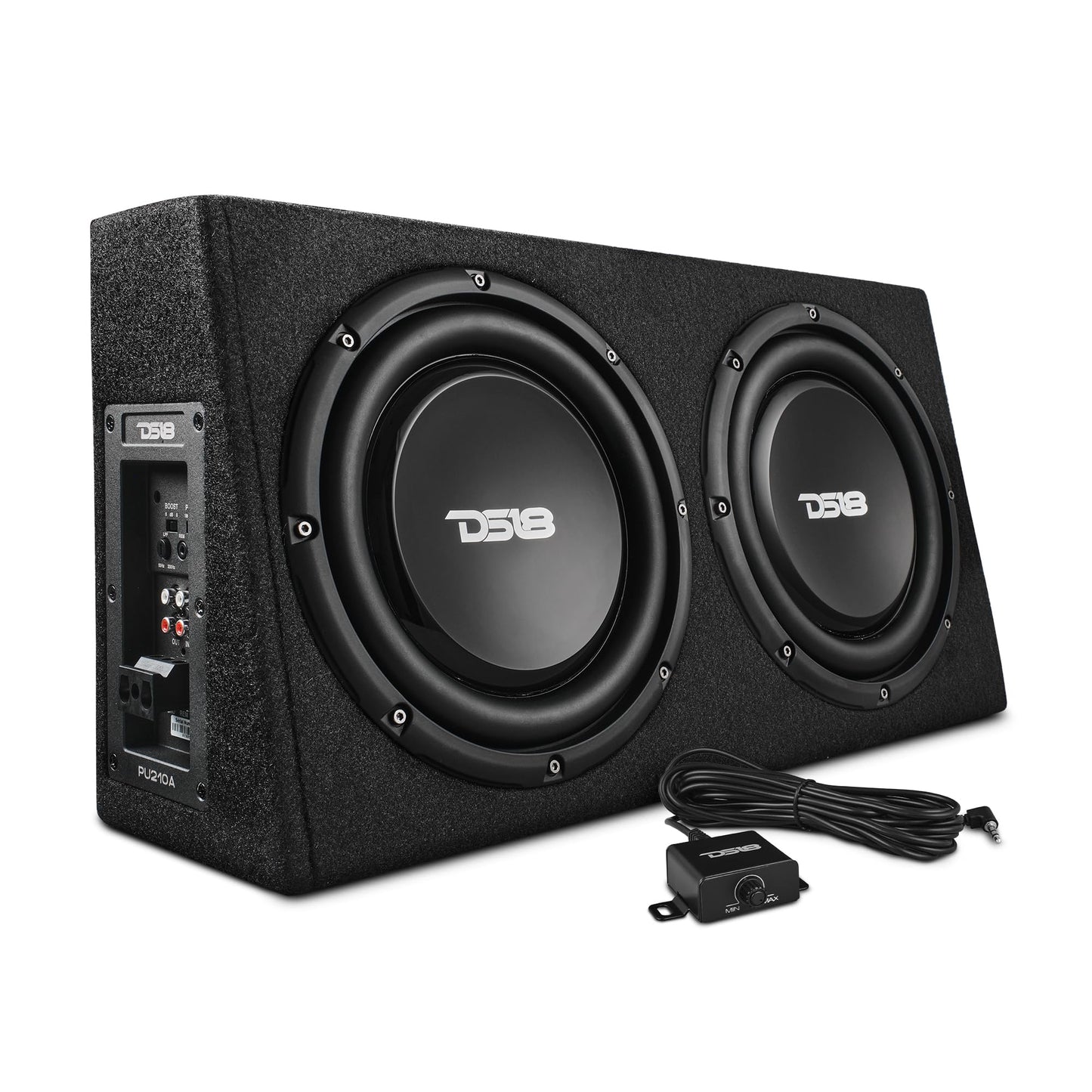 DS18 PU210A 10" Active Subwoofer Shallow Enclosure with 10" Passive Subwoofer for Pick-Up Trucks, Enclosure with Dual 10" Subwoofers 350 Watts Each, Designed for Tight Spaces, Great for Trucks