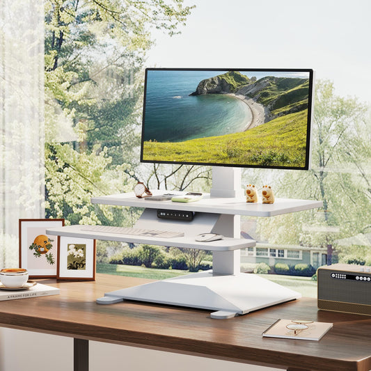 Electric Standing Desk Converter 28" Wide, Height Adjustable Desk Riser, Computer Workstation, Sit-Stand Convertor for Home, Office, School (White, 1 Arm Included)