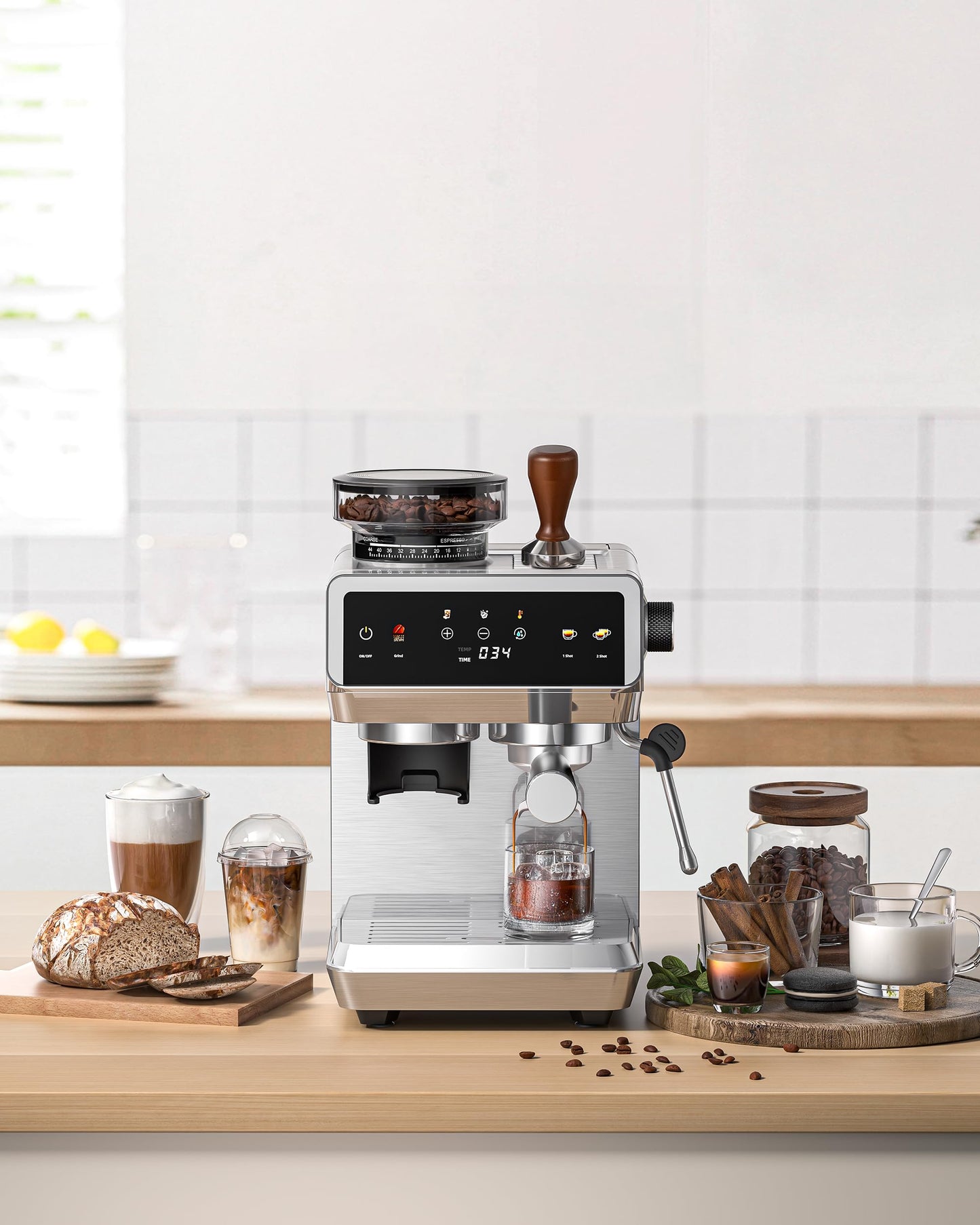 AMZCHEF Espresso Machine With Grinder, 190℉-201℉ Temp Control Coffee machine with 44 Grind Setting, Milk Frother, Touch Screen, Cold Brew, Sliver