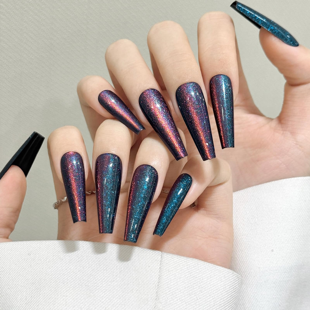 Navy Blue Cat Eyes Press On Nails,12 Sizes - 24 Pcs Soft Gel Blue Long Coffin Fake Nails Kit with Nail Glue, Natural Reusable Stick On False Nails for Women and Girls SK1039