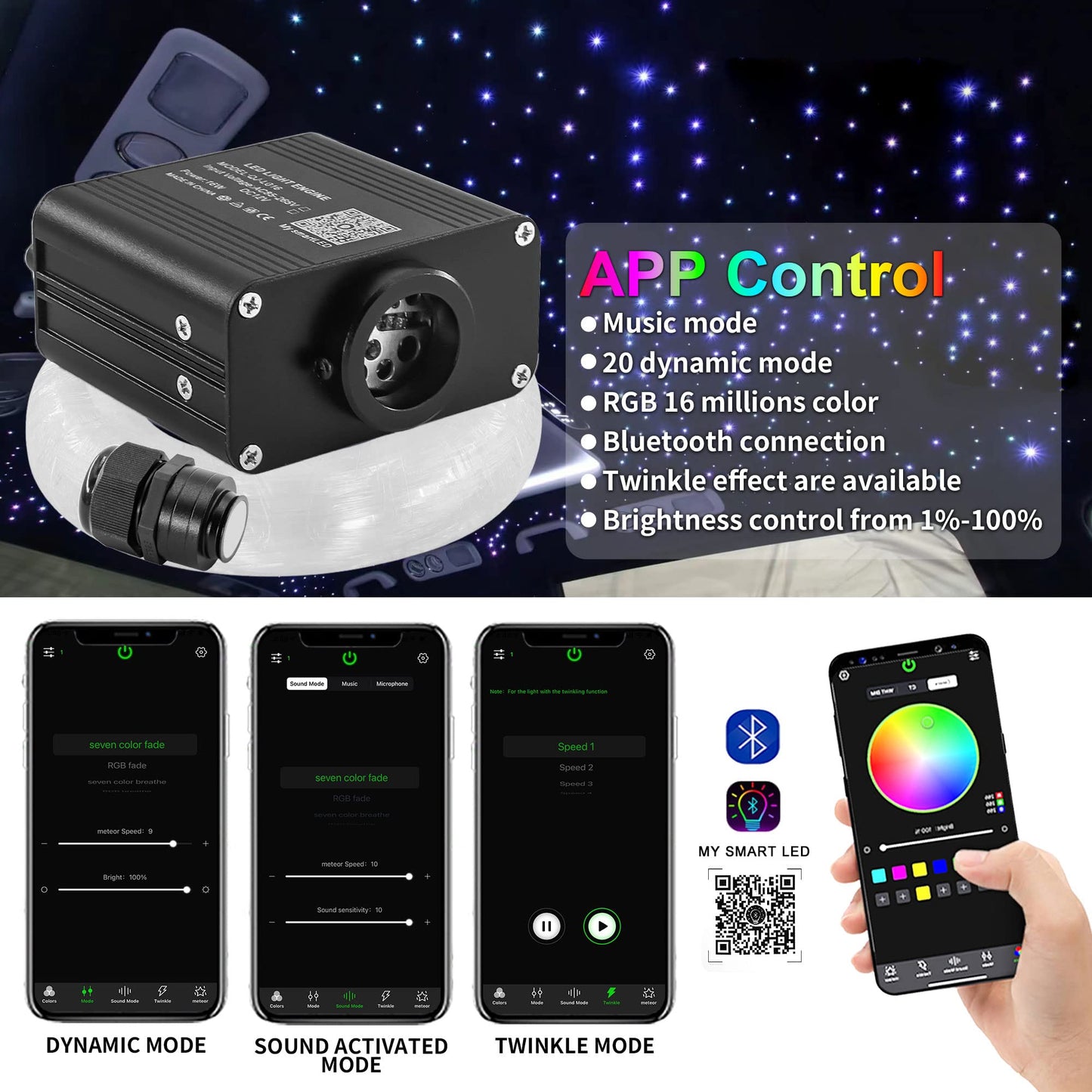 ATOKEE Twinkle Starlight Headliner Kit Mixed 450pcs 9.8ft, 16W Small Size Fiber Optic Lights Car Star Roof Lights with APP/RF Remote Music Mode