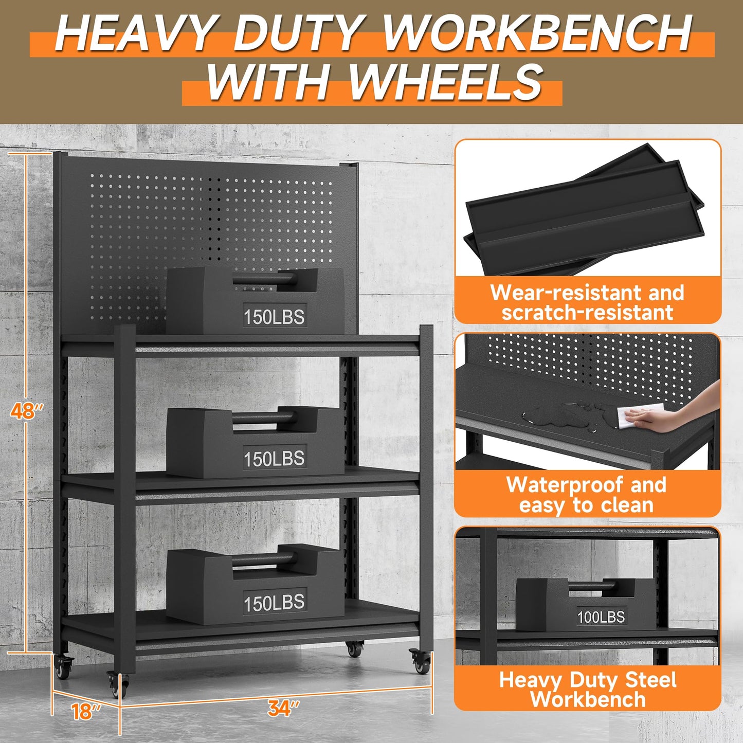 TOPASS Workbench with Pegboard, Adjustable Heavy Duty Work Table with Wheels, Heavy Duty Workstation, Metal Tool Work Bench for Garage Warehouse Workshop, 48" H x 18" D x 34" W, Black