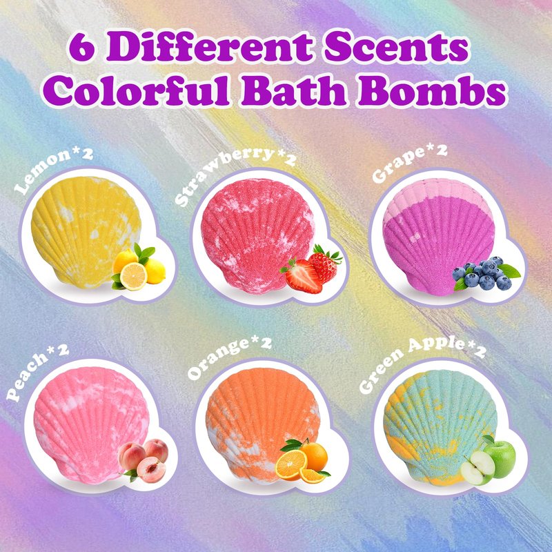 Bath Bombs for Kids with Surprise Toys Inside, 12 Pcs Kids Bath Bombs Gifts for Birthday Christmas Easter Party Favor, Handmade Shell Bubble Bath Kit with Mermaid Toys for 4 5 6 7 8 Year Old Girls