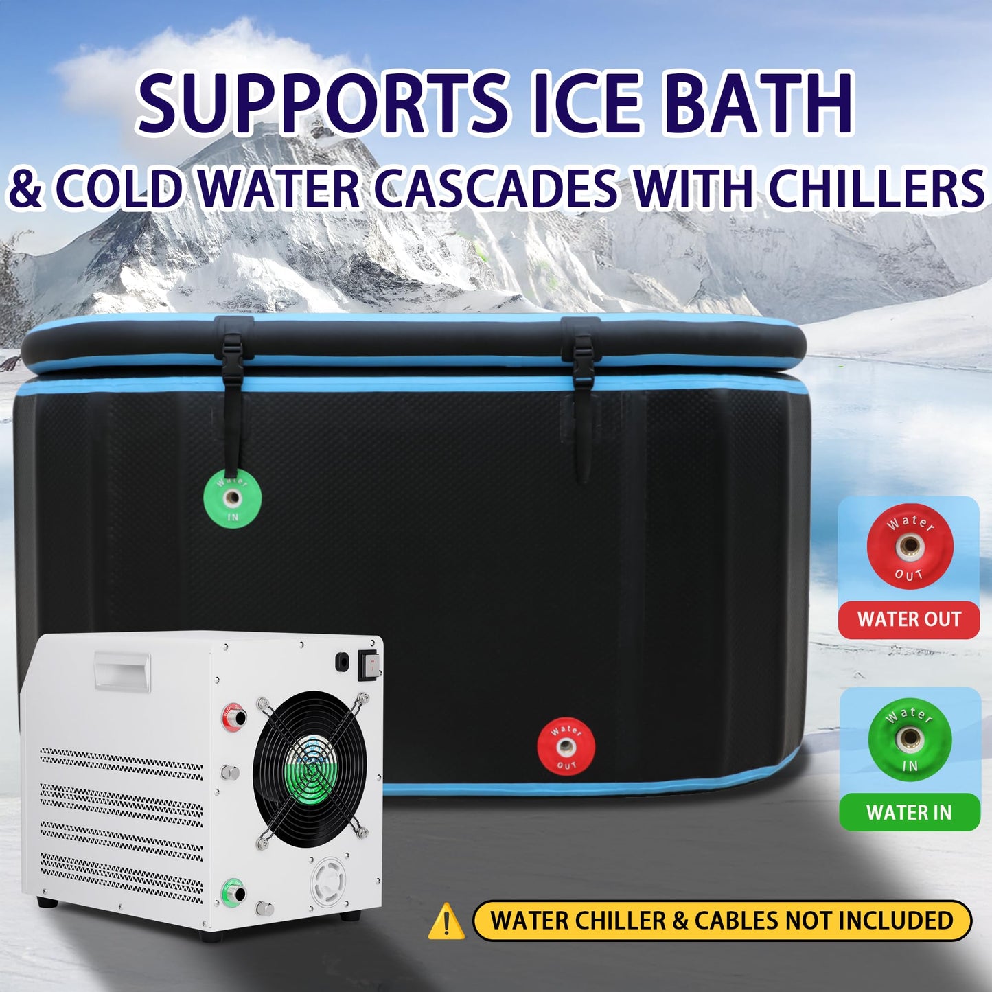 PLUNGE MAGIC Ultimate Cold Plunge Tub Inflatable Ice Bath Tub With Cover for Athletes Portable & XXL Size Black, Water Chiller Compatible (Black-Elongated)