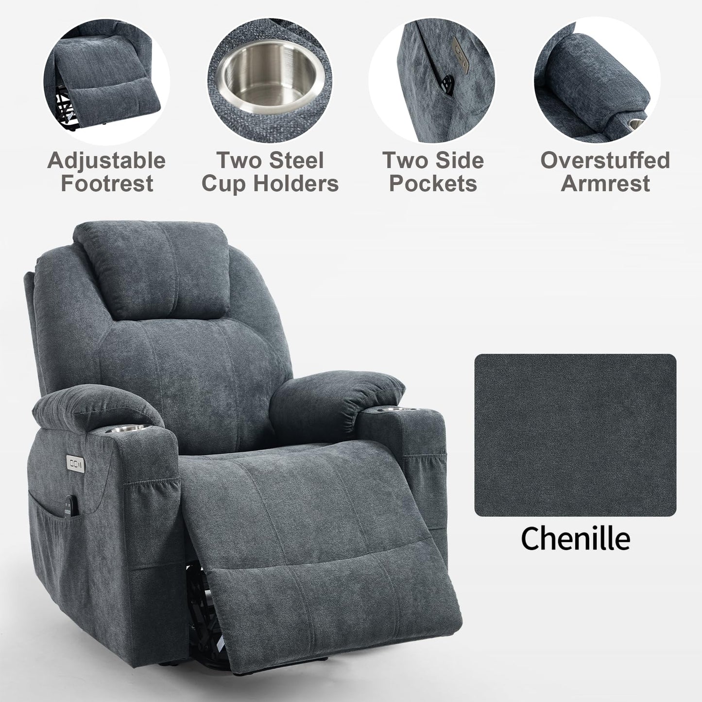 RHHVVR Electric Lift Recliner Chair, Overstuffed Zero-Gravity Recliner with Assisted Standing, Extra Wide Sofa with 8-Point Vibration Massage & Lumbar Heating, Medium-Soft, Grey