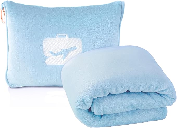 EverSnug Travel Blanket and Pillow - Ultra-Soft, Compact & Lightweight, 65x40 Inches, with Carry Case, Luggage Sleeve & Backpack Clip for Airplane Comfort (Ice Blue)