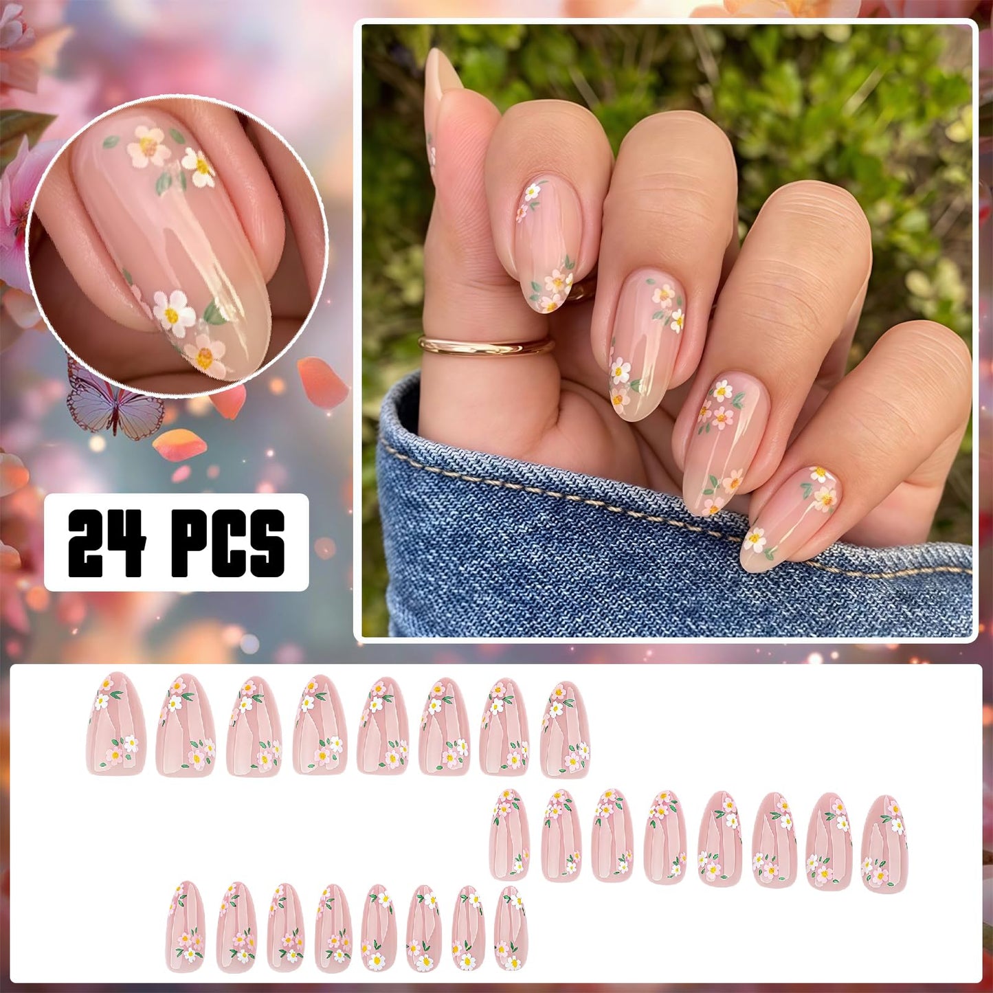 24Pcs Flower Press on Nails Medium Almond with Daisy Flower French Tip Nude Pink Design Full Cover Floral Acrylic Artificial Fake Nails for Women Girls Spring Summer Manicure Decoration