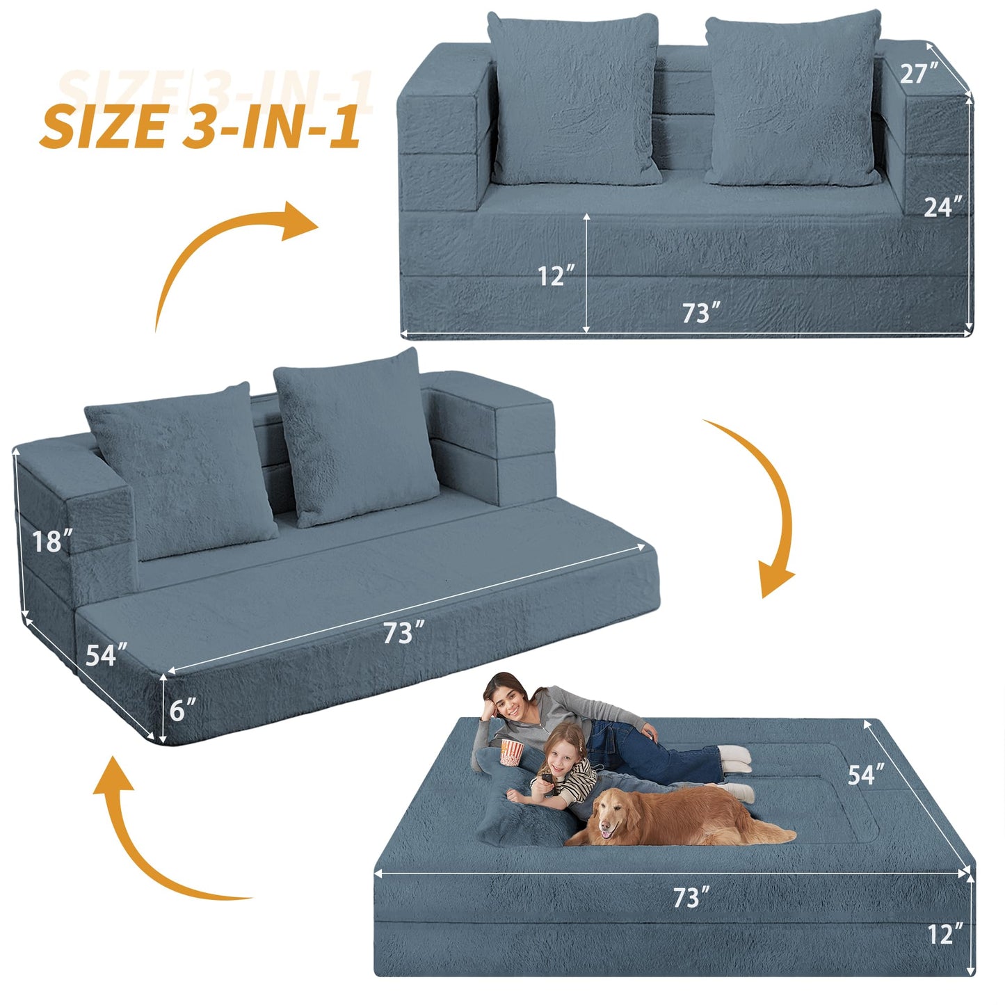 Cansunna Futon Sofa Bed with Pillow, 3-in-1 Sleeper Sofa Bed with Removable Cover, Convertible Floor Sofa Bed, No Assembly Boneless Couch for Living Room, Bedroom