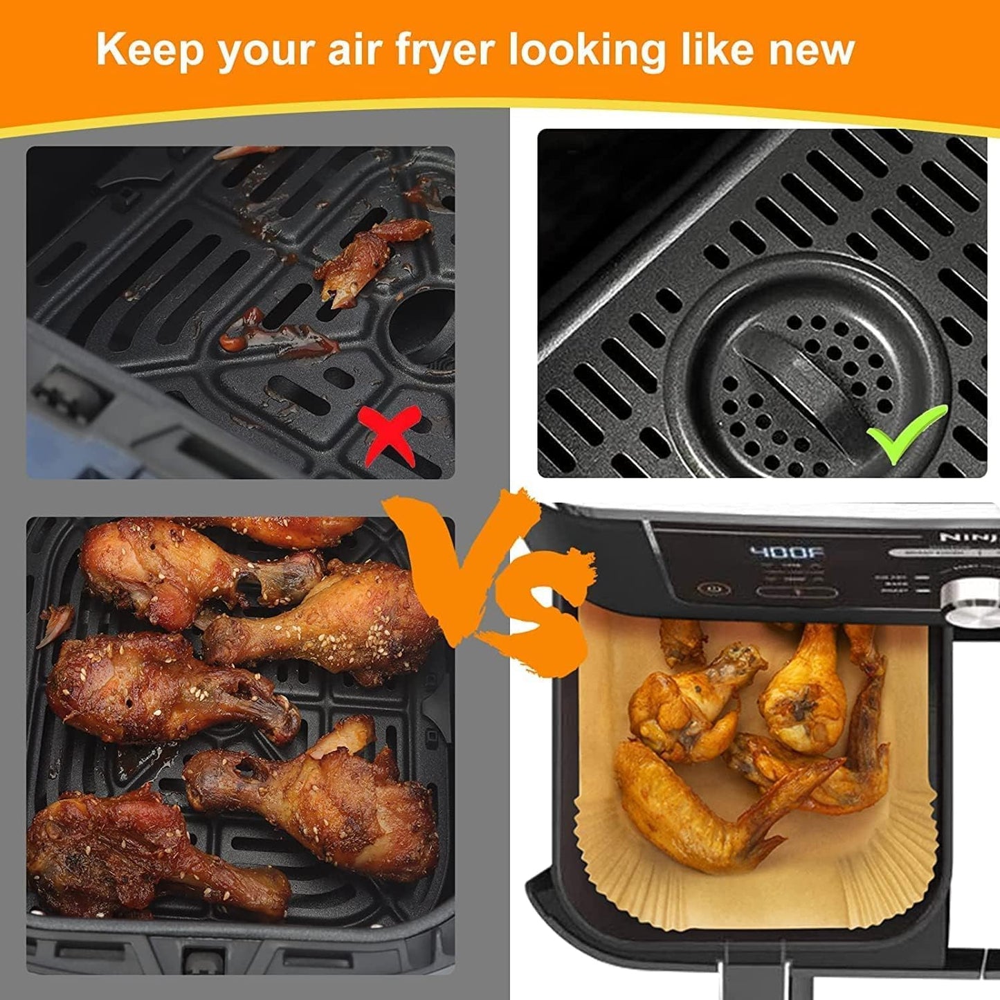 HONYAO Air Fryer Paper Liners for Dual Zone Airfryer, 200pcs 8.1x5.5 inch Rectangle Disposable Inserts for Ninja Foodi DZ201 DZ401 DZ550 other 8-10 qt 2-Basket Air Fryers, Food Grade BPA Free