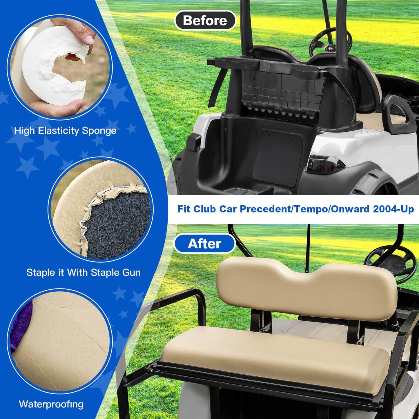 NOKINS Golf Cart Rear Seat Kit, Back Flip Seat for Club Car Precedent/Tempo/Onward 2004-Up, 1.25-Inch Square Steel Frame, Integrated Seat Belt Mounts, UV-Resistant, High-Density Foam Padding(Buff)