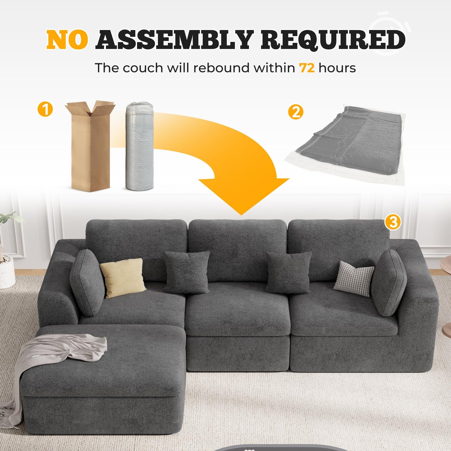 Luxanimarion 115" Cloud Boneless Sectional Couch, Deep Seat L Shaped Modular Couch with Ottoman, Oversized Upholstered Convertible 4 Seater Modular Sofa for Living Room,Black Chenille