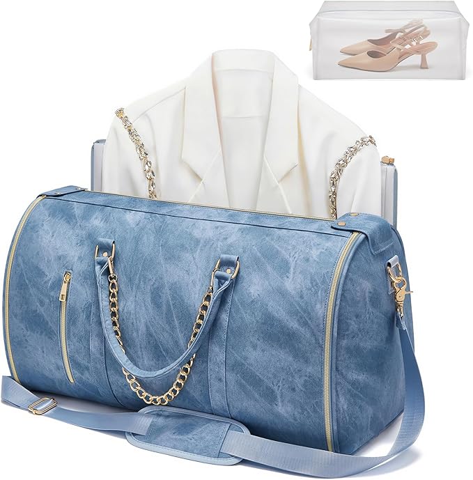 Garment Duffle Bag for Travel, Convertible 20.5Ã10Ã12.5 Inch Carry On Garment Bag for Women, Foldable Travel Bags with Shoe Compartment & Toiletry Pocket for Business Trip, Vacation, Blue