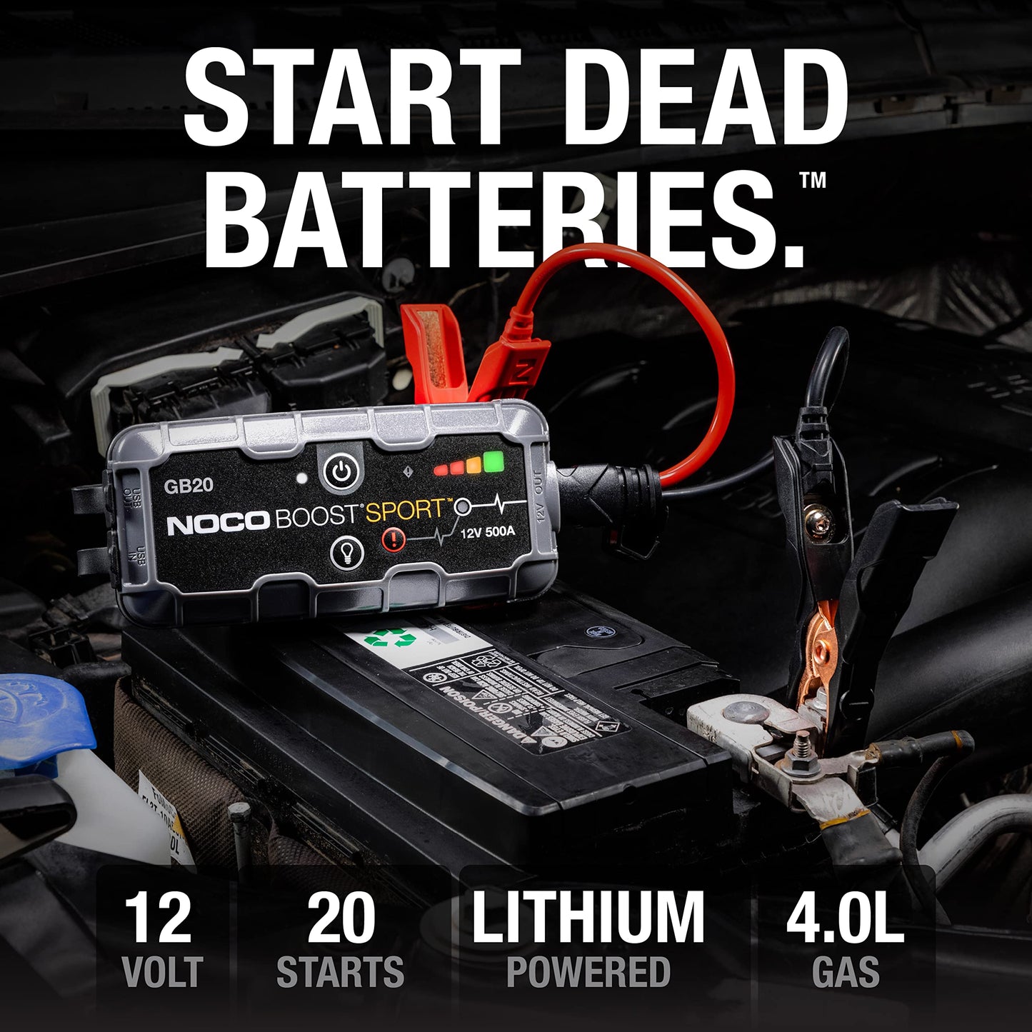 NOCO Boost GB20: 500A UltraSafe Jump Starter – 12V Lithium Battery Booster Pack, Portable Jump Box, Power Bank & Jumper Cables - for 4.0L Gas Engines