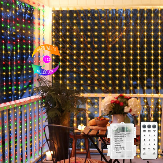echosari Curtain Lights Battery Operated, 200 LED Curtain Fairy Lights 6.6×6.6ft with Remote Timer Outdoor Wall Light Fully Waterproof for Wedding Backdrops Bedroom Decor (Cool White)