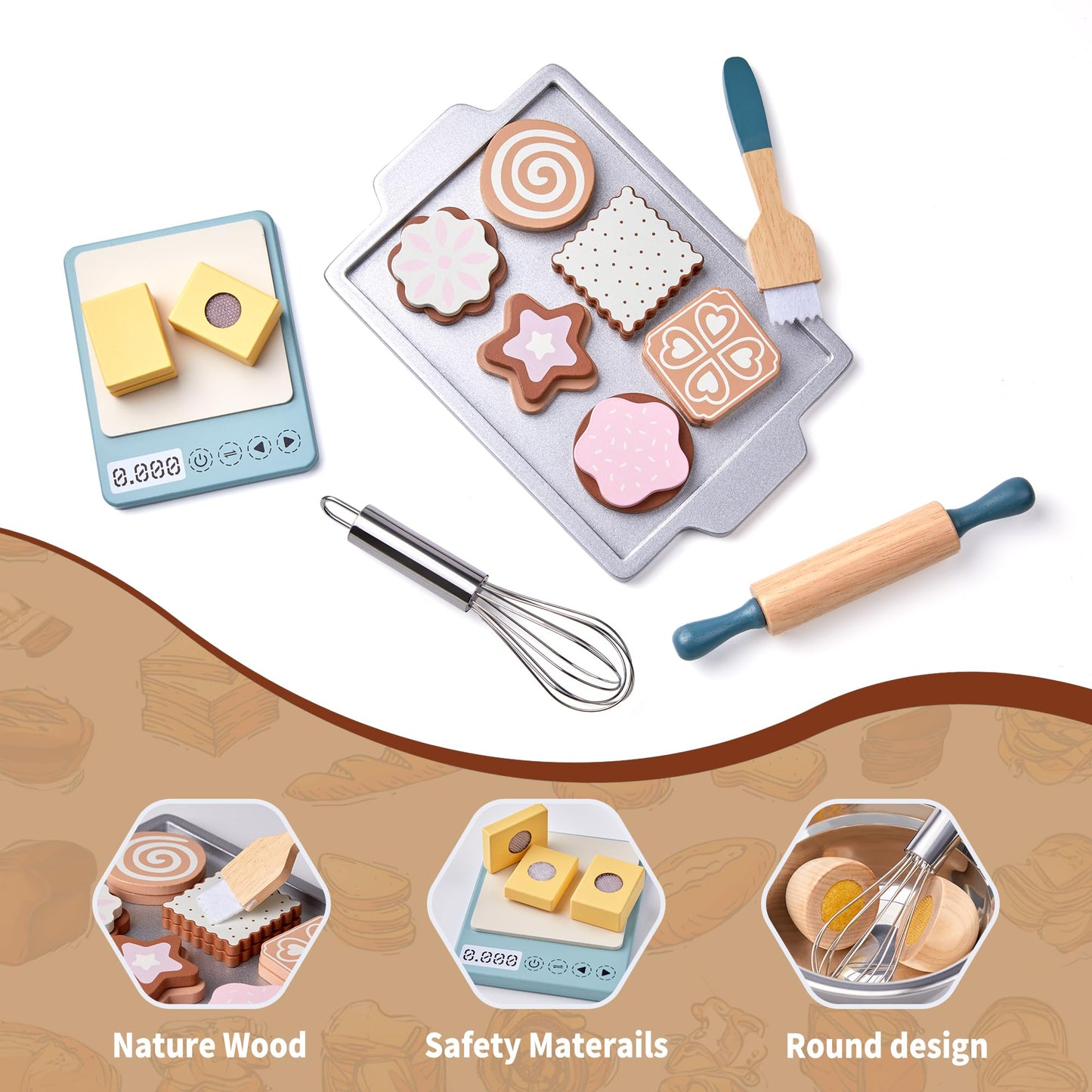 Wooden Play Food Sets for Kids, Pretend Play Kitchen Accessories with Shopping Bag, Cutting Toys, Gift for Boys and Girls Ages 3-6