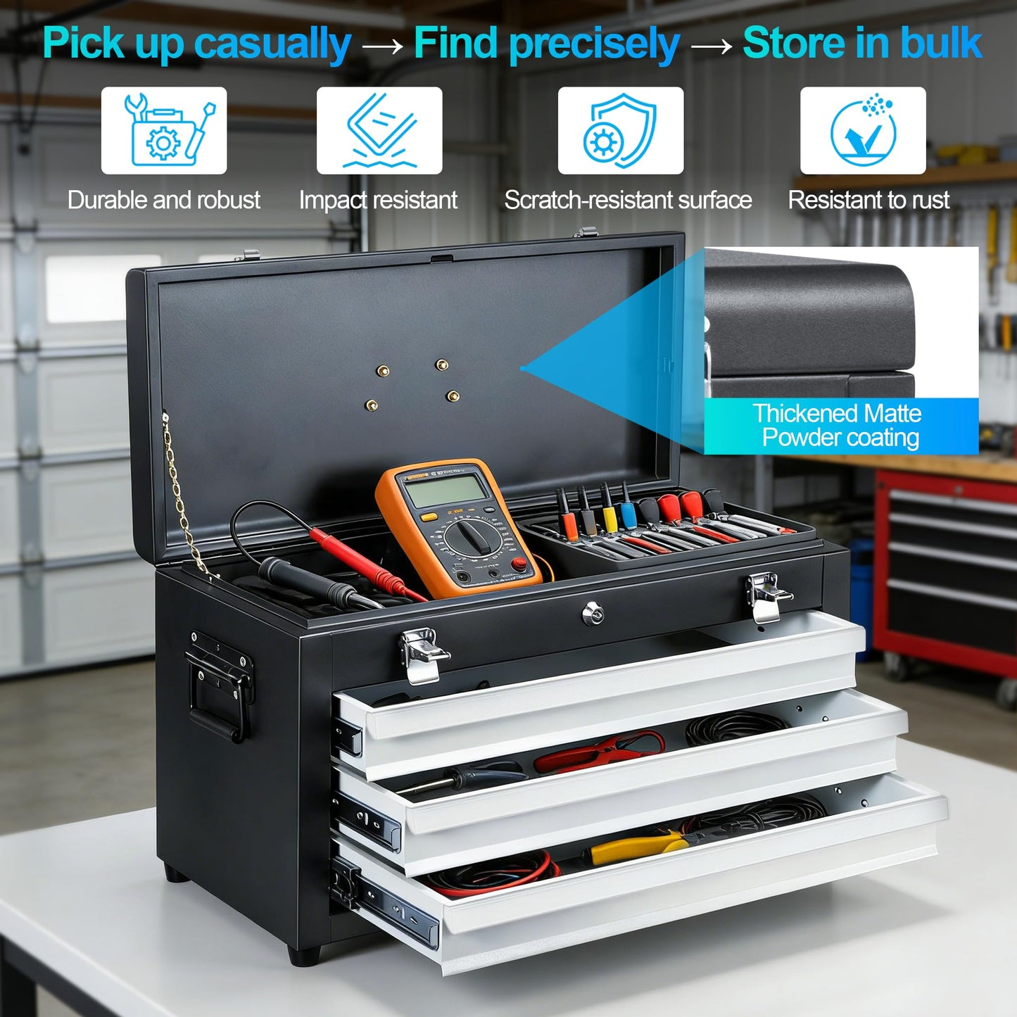 Cityeagle 3 Drawers 22" Portable Metal Tool Box, Heavy Duty Toolbox with Double Locking System & Unique Built-in Drawer Lock, Tool Chest Organizer for Workshop, Garage, DIY Office Storage