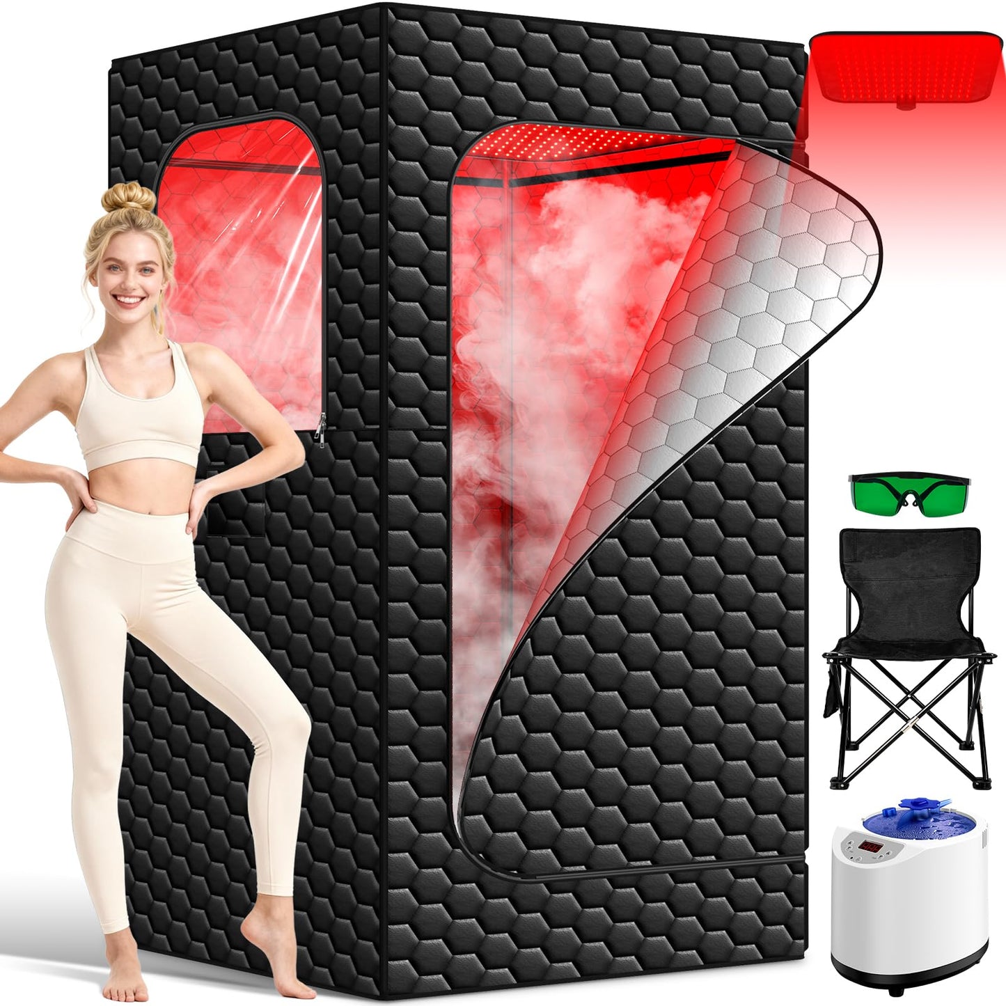 bsdonte Infrared Sauna Box, 160 LEDs Red Light Sauna Steam Room, Portable Sauna Tent with 3L/1200W Steamer, 15 Heating Levels, Folding Chair, Indoor Saunabox for Home Spa Relaxation