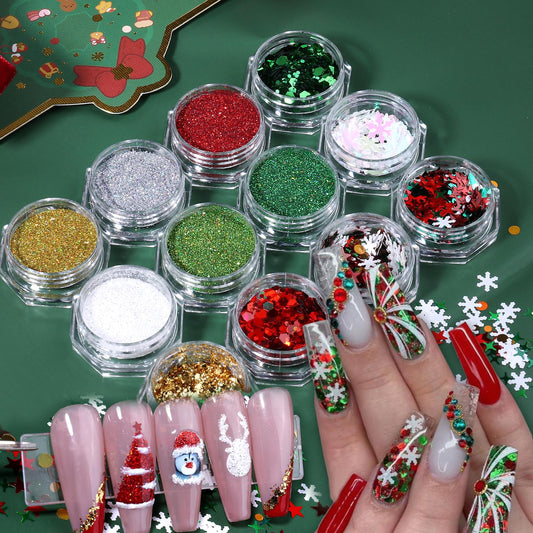 Christmas Nail Art Glitter Sequins 12 Boxes Winter Snowflake Nail Glitter Flakes Holographic Fine Glitter Powder Dipping Pigment Green Red Gold Foils Xmas Sugar Nail Design for Acrylic Nails Supplies