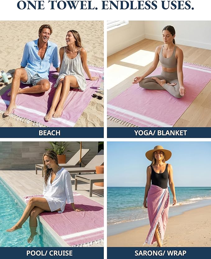 LANE LINEN Large Beach Towel, Turkish Towel, Lightweight Beach Towels for Adults, 39"x71" Oversized Pool Towels, Absorbent, Quick Dry, Durable Sand Proof Beach Towel, 39"x71" - Candy Pink