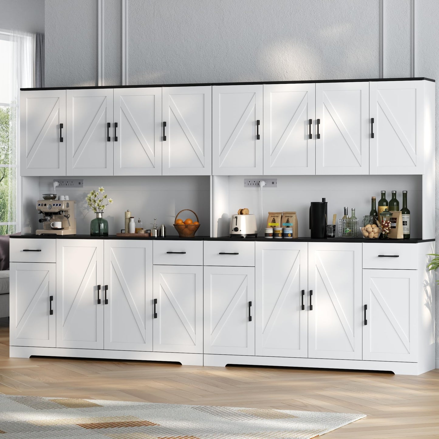 Gyfimoie 71’’ Tall Kitchen Pantry Cabinet with Charging Station, Wider Farmhouse Kitchen Storage Cabinet with Countertop Freestanding Hutch with Storage Drawers & Doors for Living Dining Room (White)