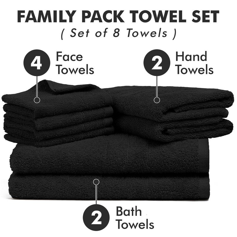 Novo Home Bath Towels Set of 8 – 100% Cotton (Black) Bathroom Towel Set Bale Includes 2 Bath, 2 Hand, 4 Face Towels – Soft, Absorbent & Quick Dry Towel for Bathroom, Spa, Kitchen, Hotel Use