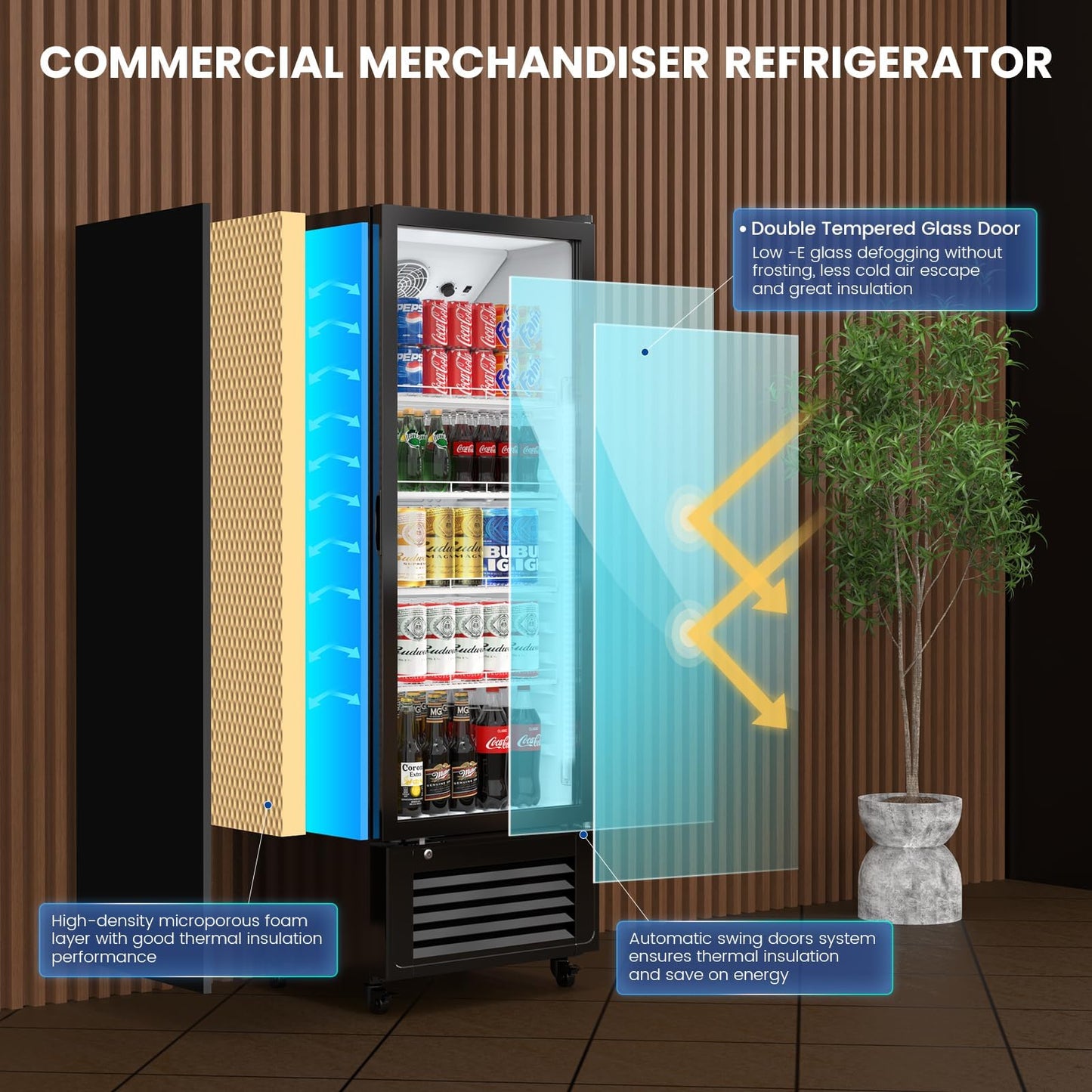 Mojgar 11 Cu Ft Commercial Refrigerators Single Door,Glass Door Merchandiser Display Beverage Fridge with Built-in LED Light,1.64kwh/24h Retail Cooler for Shop,Restaurant,Apartment,etc