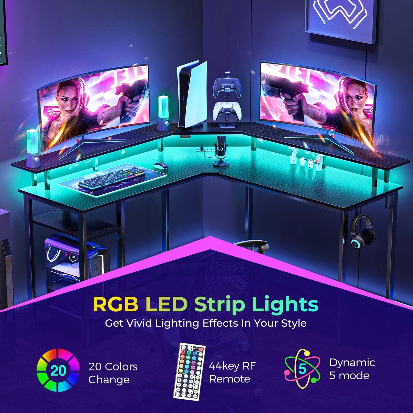 Rolanstar L Shaped Gaming Desk with LED Lights & Power Outlets, 53" Computer Desk with Full Monitor Stand & Storage Shelf, Corner Desk with Hooks, Black Desk Reversible