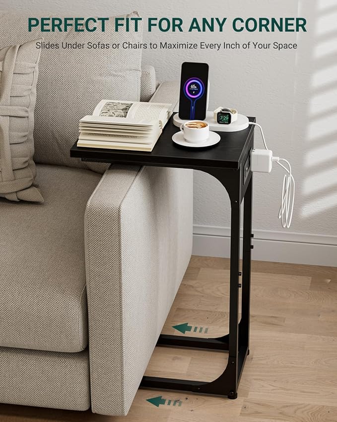 C-Shaped Side Table for Couch - Small Coffee Stand Sofa Tray Desk with Metal Frame Waterproof Scratch Resistant Wood Top and Built-in Charging Station, Black