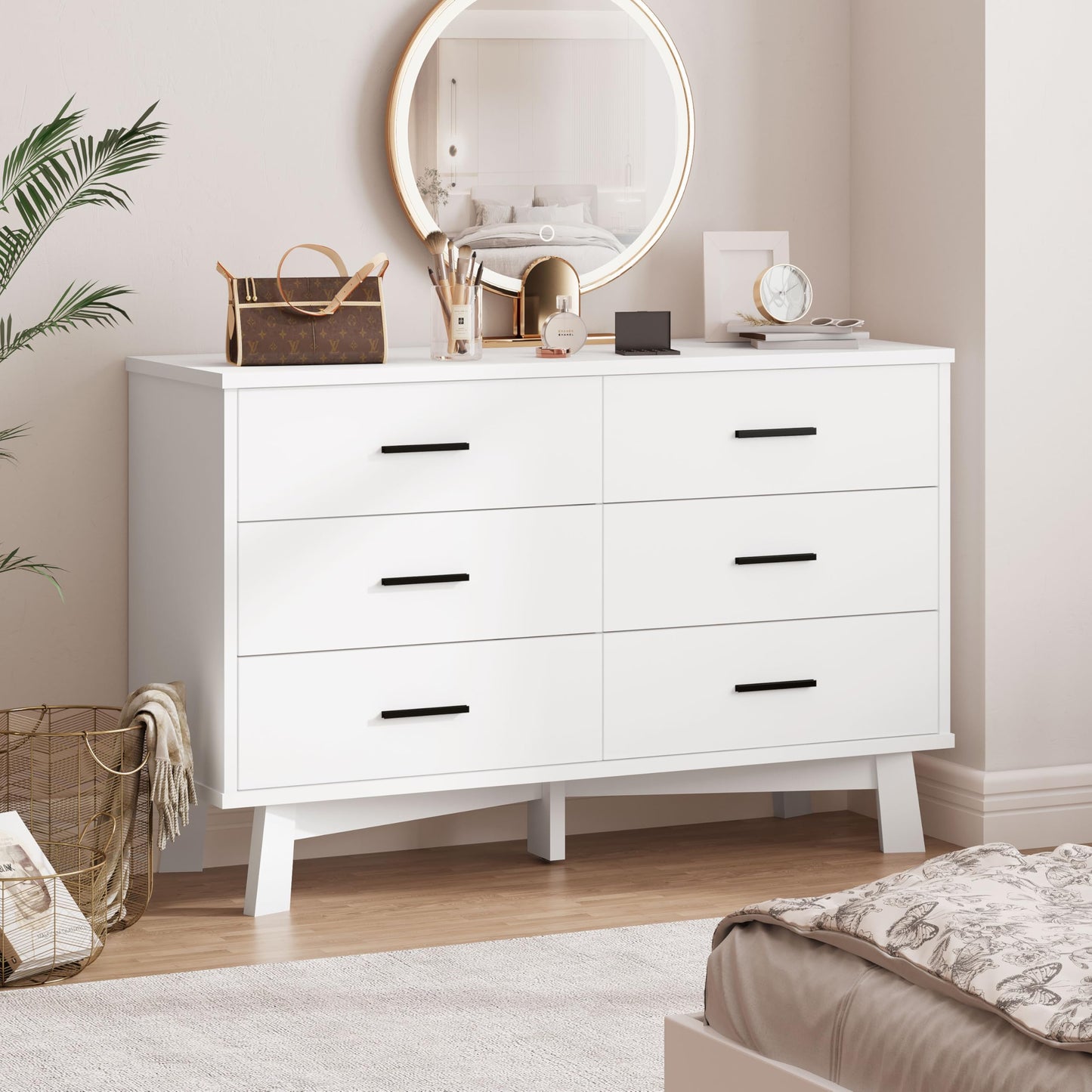 Xixini Dresser for Bedroom, 6 Drawer Wide Modern Chest of Drawers with X-Shaped Sturdy Base, Wood Double Dresser Closet Clothes Storage Organizer, Wooden TV Stand for Living Room, Hallway, White
