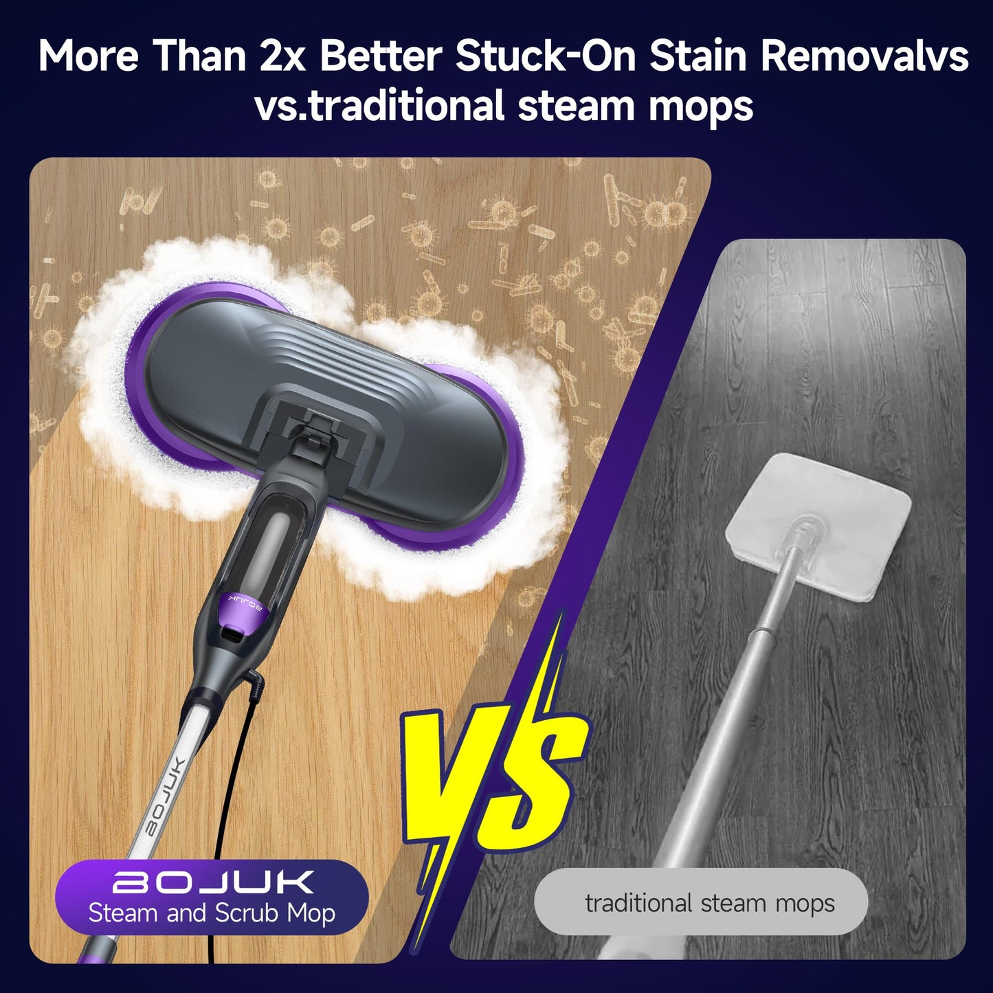 BOJUK Scrubbing Steam Mop, Steam Mops for Floor Cleaning with Rotating Pads, 4 Cleaning Modes & LED Headlights, Swivel Steering,Safe for all Sealed Hard Floors F2