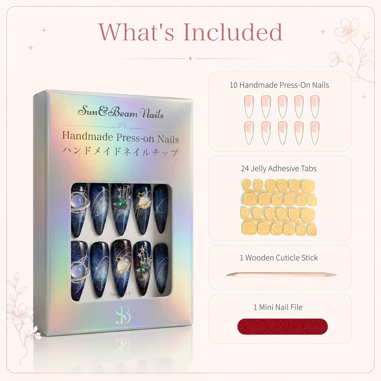 Sun&Beam Nails Handmade Press On Nail Short Round Hand-painted Golden Flowers Acrylic Fake Tip Design Art Charms Cute with Storage Box 10 Pcs (#005 XS)