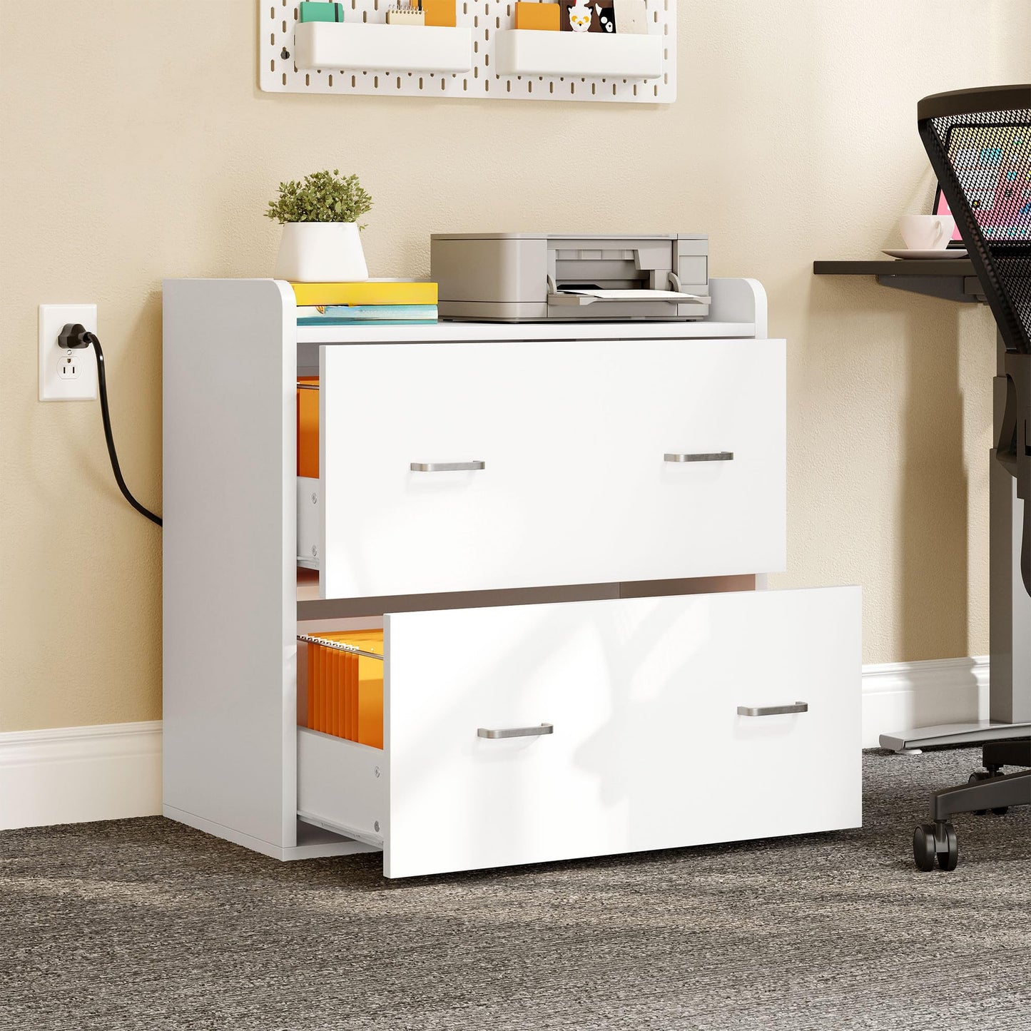 DWVO File Cabinet with Charging Station, 2 Drawer Lateral Filing Cabinet with Storage, Large Printer Stand for Home Office Living Room, Fits A4 Legal Letter Documents, White