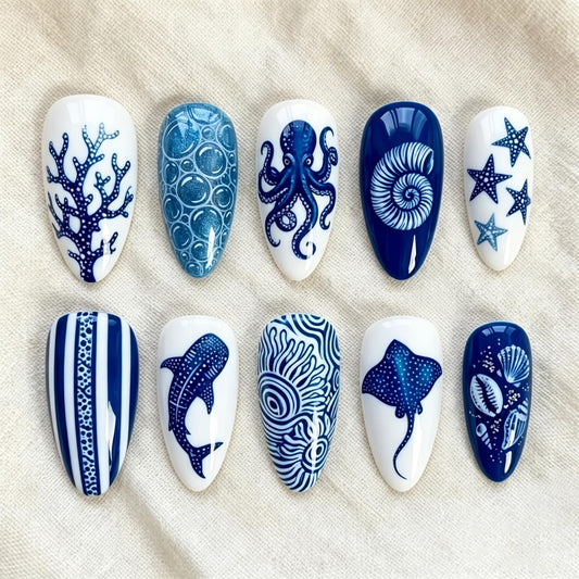 24Pcs Medium Almond Press On Nails, Blue Ocean Theme False Nails with Coral, Octopus, Starfish, Whale, Manta Ray & Shell Designs, Glossy White & Deep Blue Beach Full Cover Acrylic Nail Set for Women