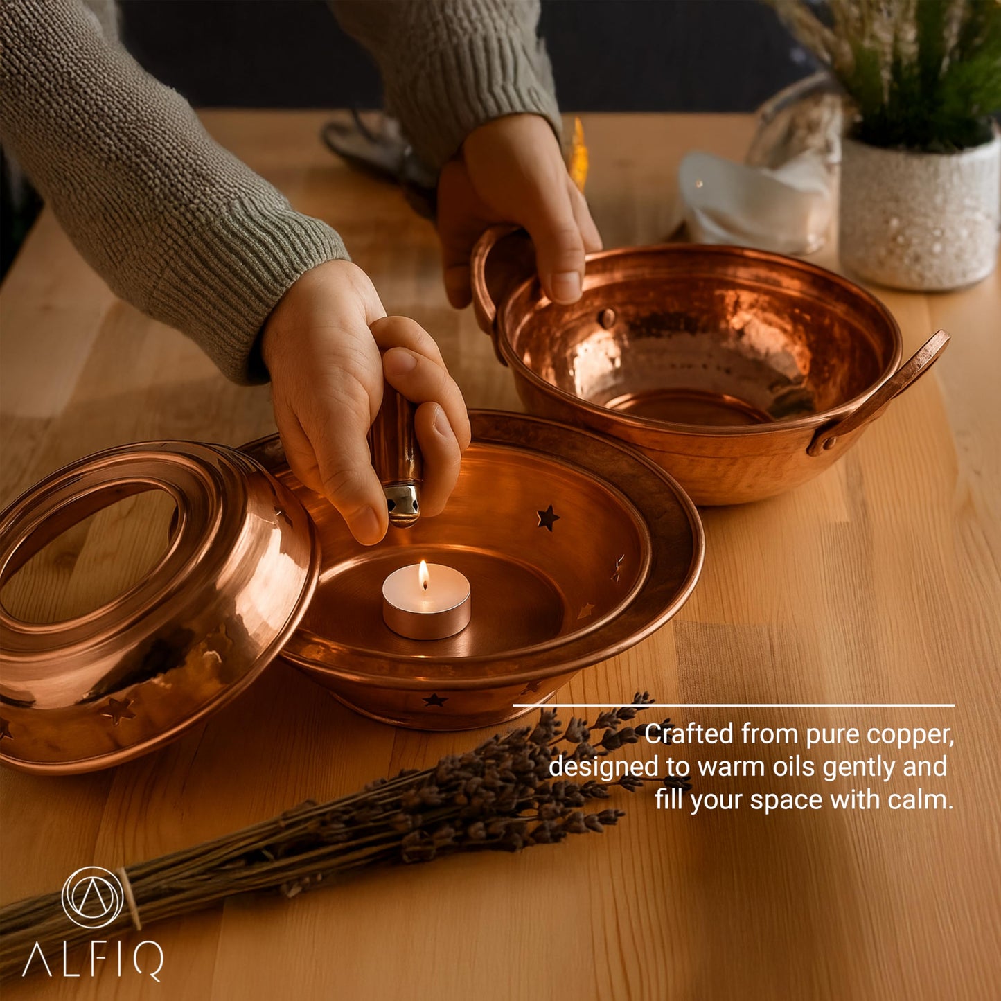 ALFIQ Solid Copper Oil Warmer Pot Set, Ayurvedic Massage Bowl with Stand for Spa & Aromatherapy, Handcrafted Hammered Finish, Premium Essential Oil Heater for Abhyanga, 100% Pure Copper